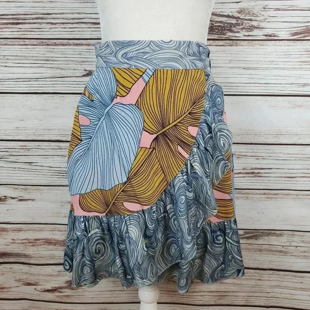 NWT Bl^nk Bl-nk Anthropologie Womens XS Samantha Palm Swirl Wrap Skirt Ruffle